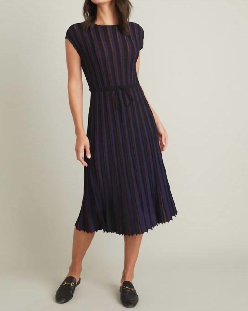 Front of a model wearing a size XL Penny Midi Dress in Black Rainbow Lurex in Black Rainbow Lurex by Marine Layer. | dia_product_style_image_id:334807